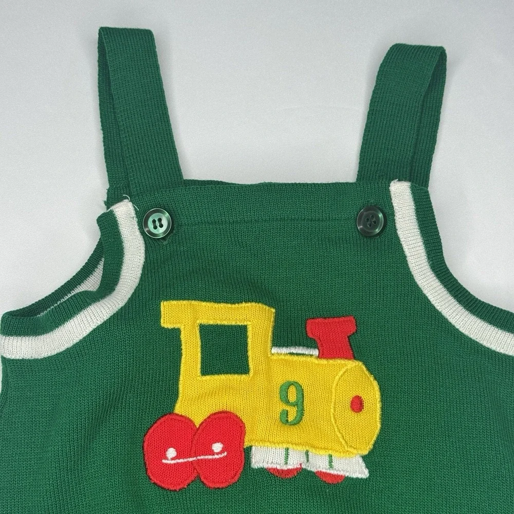 Vintage Mine Alone Knit Baby Jumpsuit Train Acrylic Green 2pc Holiday Overalls‎